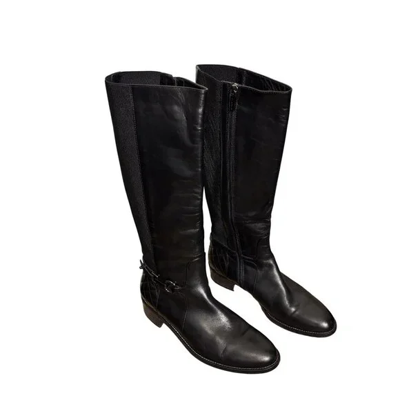 Aquatalia Oralie Equestrian Knee High Boot 8 Black Leather Side Zip Quilted - Picture 11 of 15
